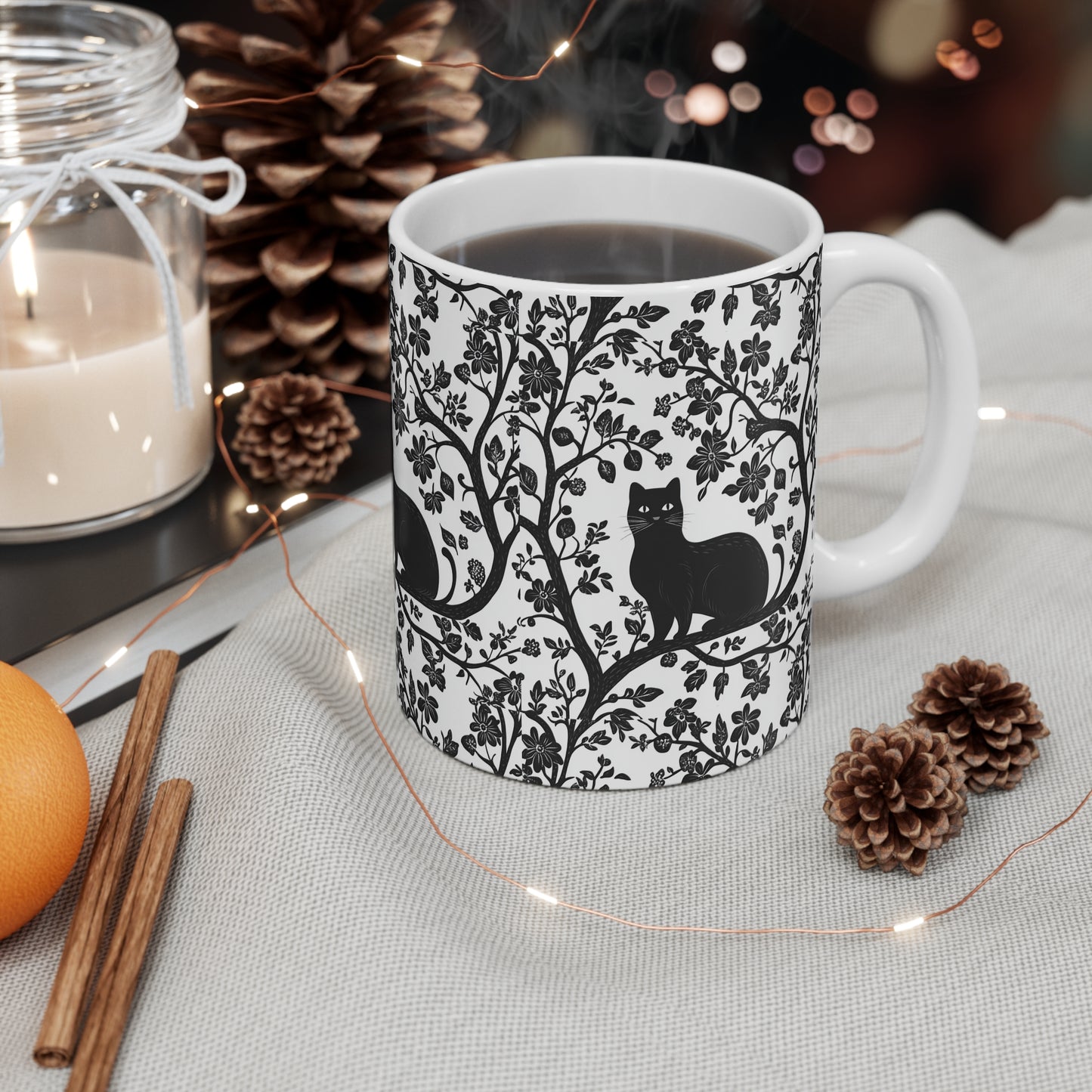 Black Cat Floral Mug - 11oz Coffee Cup for Cat Lovers