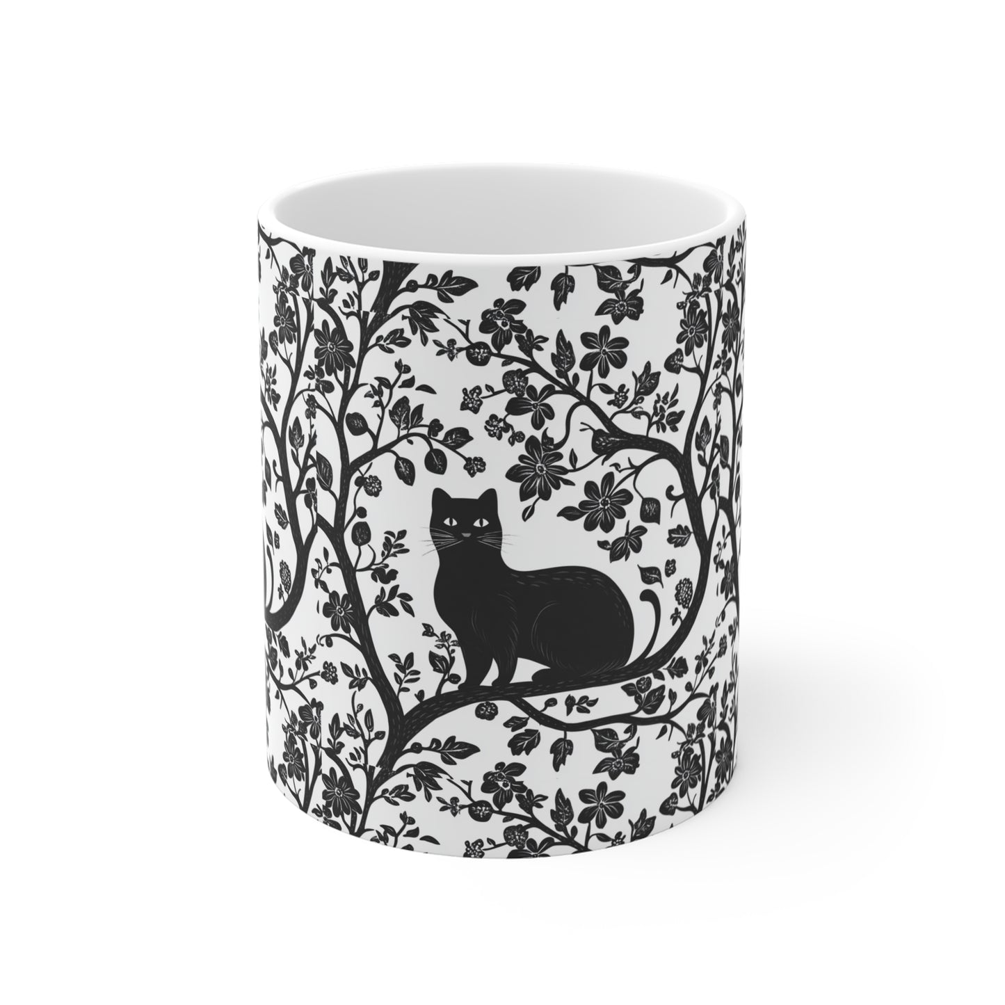 Black Cat Floral Mug - 11oz Coffee Cup for Cat Lovers