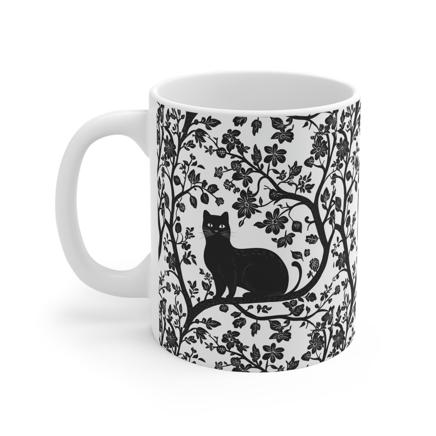 Black Cat Floral Mug - 11oz Coffee Cup for Cat Lovers