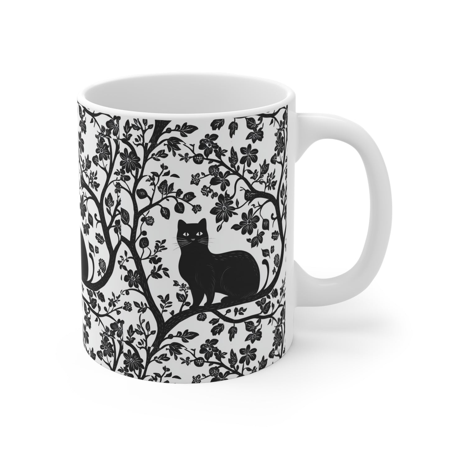 Black Cat Floral Mug - 11oz Coffee Cup for Cat Lovers